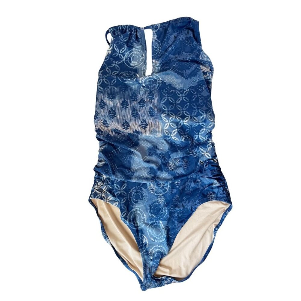 Garnet Hill Blue Multi Print Halter Cut Out One Piece Swimsuit - Size 18